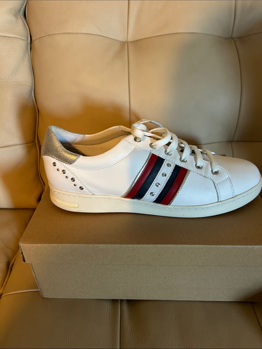 Geox White Leather Sneaker with Red and Navy Stripes